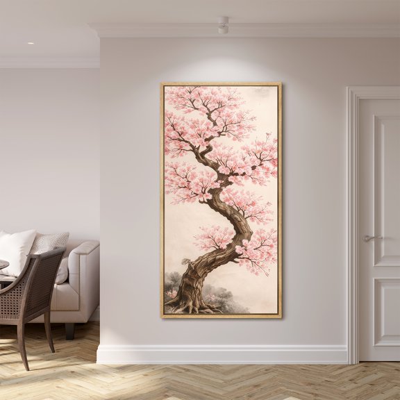 Large Framed Canvas Print Cherry Blossom Tree Botanical Wall Art Pink Sakura Nature Decorative for Living room Bedroom - 60"x30" Natural Frame