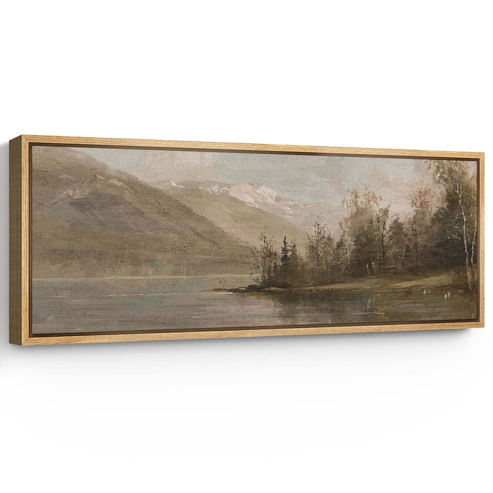 Large Framed Canvas Print Classic Landscape with Snowy Peaks and ReflectionsWall Art Decorative Ready to Hang Painting for Living room Bedroom 60x20 inches Natural Frame