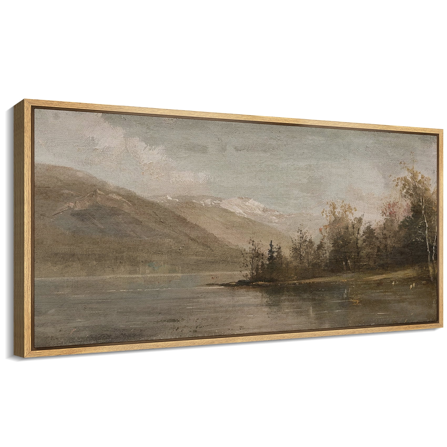 Large Framed Canvas Print Classic Landscape with Snowy Peaks and ReflectionsWall Art Decorative Ready to Hang Painting for Living room Bedroom 60x30 inches Natural Frame