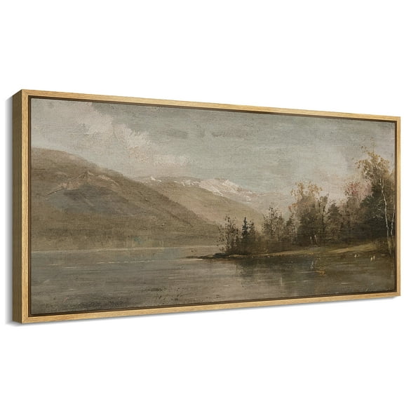 Large Framed Canvas Print Classic Landscape with Snowy Peaks and ReflectionsWall Art Decorative Ready to Hang Painting for Living room Bedroom 60x30 inches Natural Frame