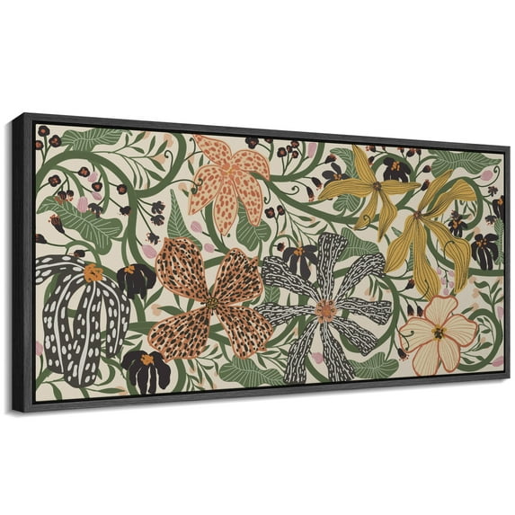Large Framed Canvas Print Colorful Botanical Floral Illustration with Vintage StyleWall Art Decorative Ready to Hang Painting for Living room Bedroom 60x30 inches Black Frame