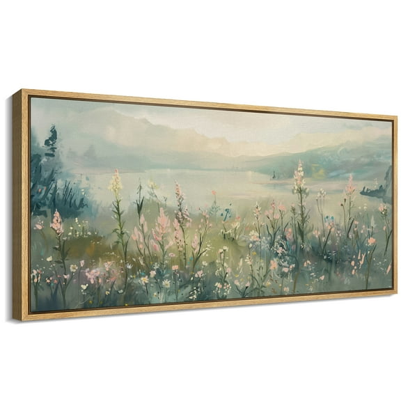 Large Framed Canvas Print Colorful Wildflower FieldWall Art Decorative Ready to Hang Painting for Living room Bedroom 60x30 inches Natural Frame