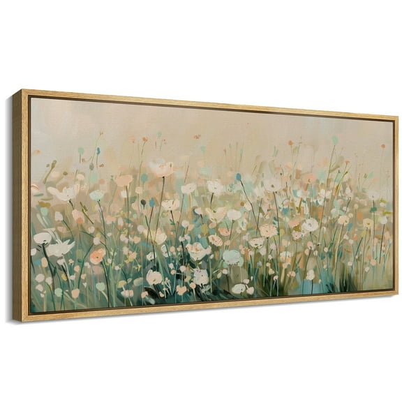 Large Framed Canvas Print Delicate Pastel Floral Field FramedWall Art Decorative Ready to Hang Painting for Living room Bedroom 60x30 inches Natural Frame