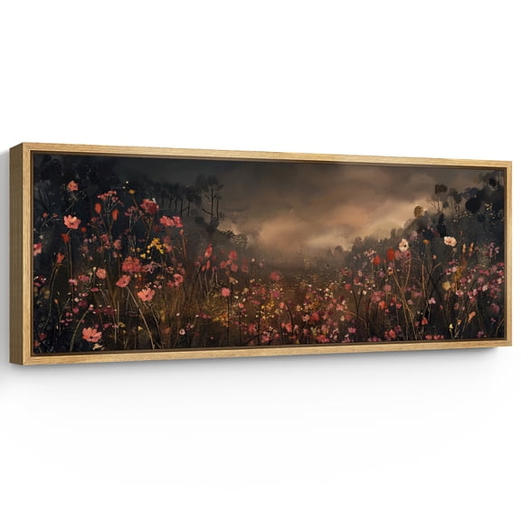 Large Framed Canvas Print Dramatic Dark Wildflower Landscape PaintingWall Art Decorative Ready to Hang Painting for Living room Bedroom 60x20 inches Natural Frame