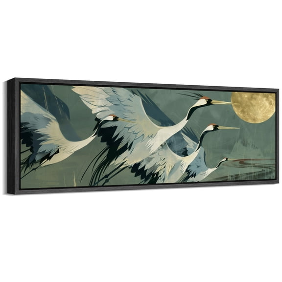 Large Framed Canvas Print Elegant Flying Cranes Under Full Moon - Japanese InspiredWall Art Decorative Ready to Hang Painting for Living room Bedroom 60x20 inches Black Frame