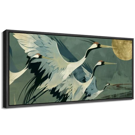Large Framed Canvas Print Elegant Flying Cranes Under Full Moon - Japanese InspiredWall Art Decorative Ready to Hang Painting for Living room Bedroom 60x30 inches Black Frame