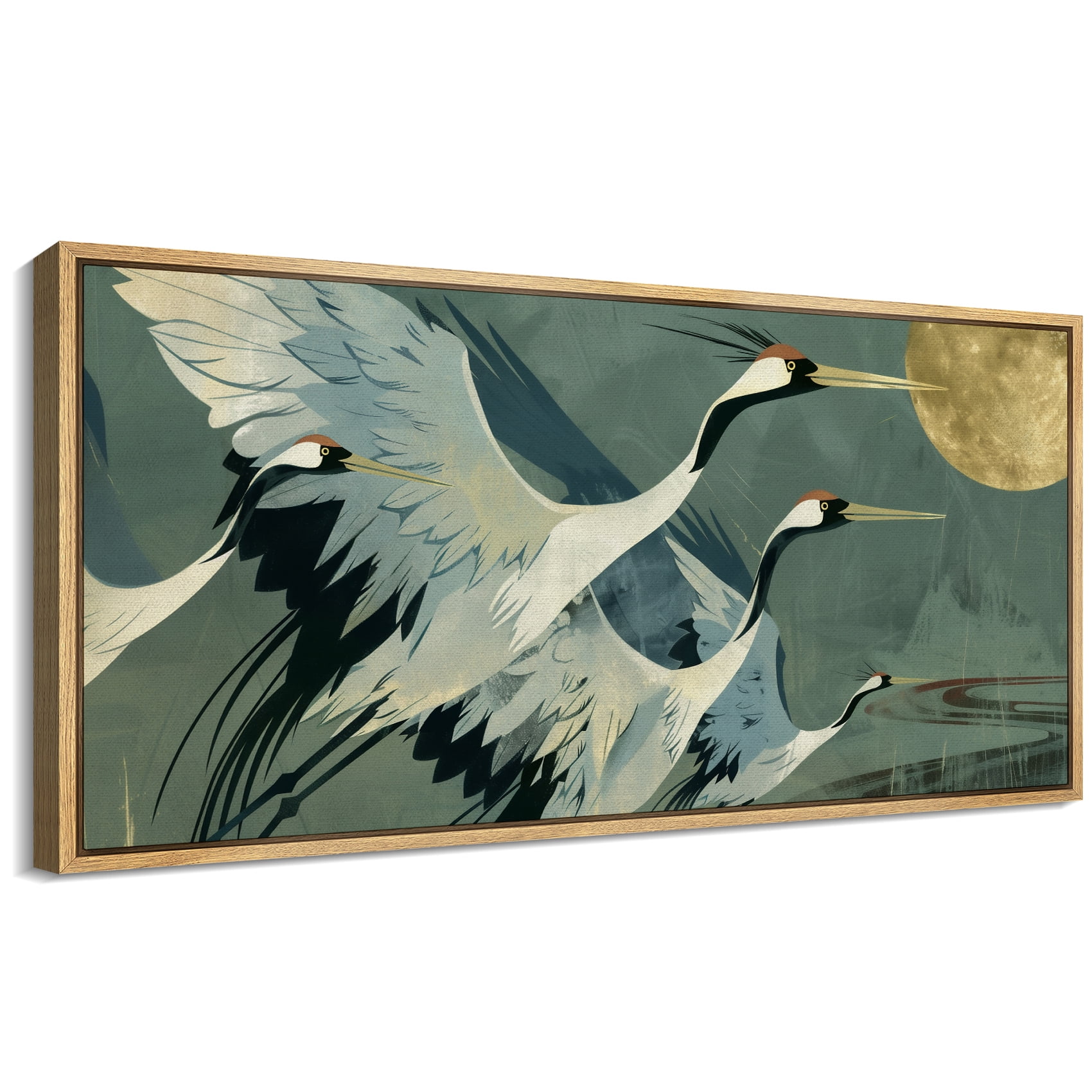 Large Framed Canvas Print Elegant Flying Cranes Under Full Moon - Japanese InspiredWall Art Decorative Ready to Hang Painting for Living room Bedroom 60x30 inches Natural Frame