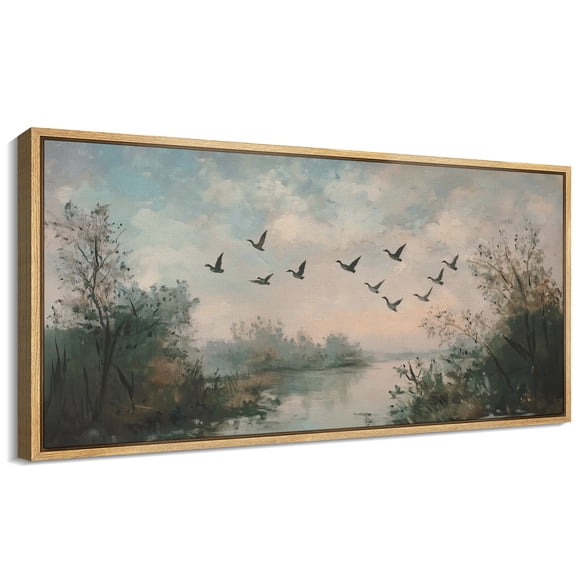 Large Framed Canvas Print A Flock of Birds Flying over The Lake Wall Art Decorative Ready to Hang Painting for Living room Bedroom - 60"x30" Natural Frame