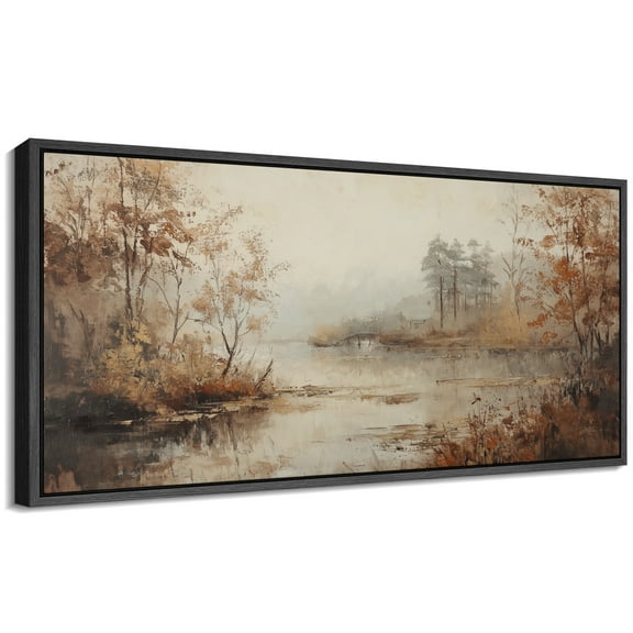 Large Framed Canvas Print Forest stream in Autumn Wall Art Decorative Ready to Hang Painting for Living room Bedroom - 60"x30" Black Frame
