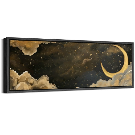 Large Framed Canvas Print Golden Crescent Moon & Clouds – Mystical Night Sky PaintingWall Art Decorative Ready to Hang Painting for Living room Bedroom 60x20 inches Black Frame