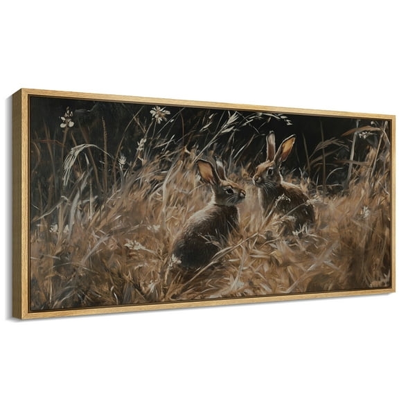 Large Framed Canvas Print Golden Meadow HaresWall Art Decorative Ready to Hang Painting for Living room Bedroom 60x30 inches Natural Frame