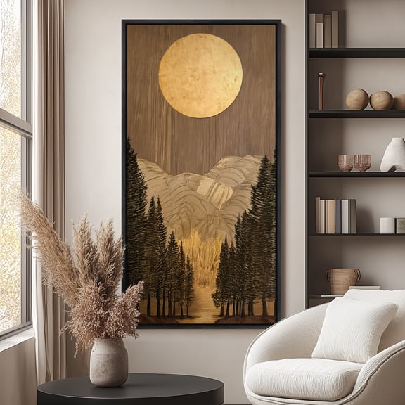 Large Framed Canvas Print Golden Moon Mountain Forest Landscape Wall Art Minimalist Abstract Nature Decorative for Living room Bedroom - 60"x30" Black Frame