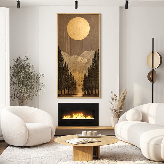 Large Framed Canvas Print Golden Moon Mountain Forest Landscape Wall Art Minimalist Abstract Nature Decorative for Living room Bedroom - 60"x30" Natural Frame