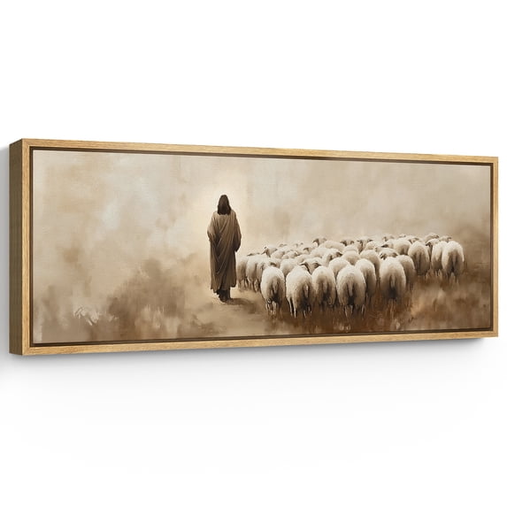 Large Framed Canvas Print The Good Shepherd Framed Canvas - Jesus Leading Sheep Spiritual Artwork Wall Art Decorative Ready to Hang Painting for Living room Bedroom - 60"x20" Natural Frame