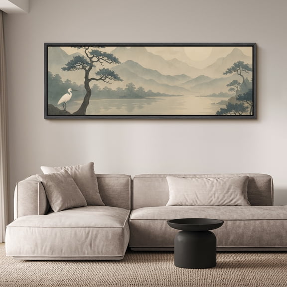 Large Framed Canvas Print Heron Bird Wall Art Japanese Style Landscape Decorative for Living room Bedroom - 60"x20" Black Frame
