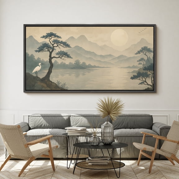 Large Framed Canvas Print Heron Bird Wall Art Japanese Style Landscape Decorative for Living room Bedroom - 60"x30" Black Frame