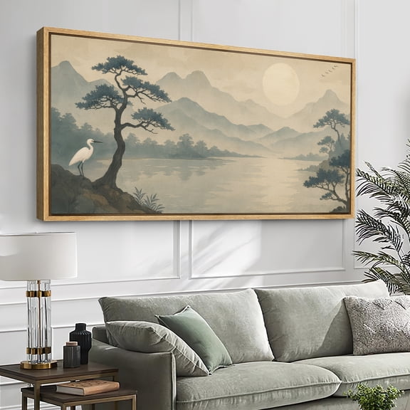 Large Framed Canvas Print Heron Bird Wall Art Japanese Style Landscape Decorative for Living room Bedroom - 60"x30" Natural Frame