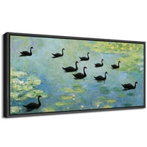 Large Framed Canvas Print Impressionist Black Swans on Water LiliesWall Art Decorative Ready to Hang Painting for Living room Bedroom 60x30 inches Black Frame