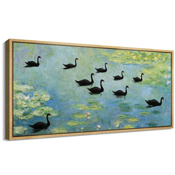 Large Framed Canvas Print Impressionist Black Swans on Water LiliesWall Art Decorative Ready to Hang Painting for Living room Bedroom 60x30 inches Natural Frame