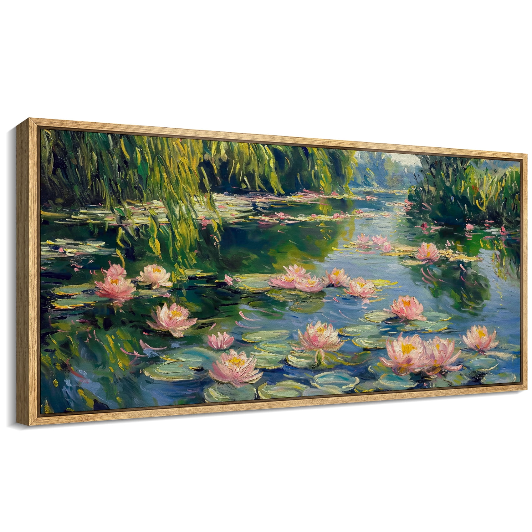 Large Framed Canvas Print Impressionist Pond Painting with Vibrant Pink ...