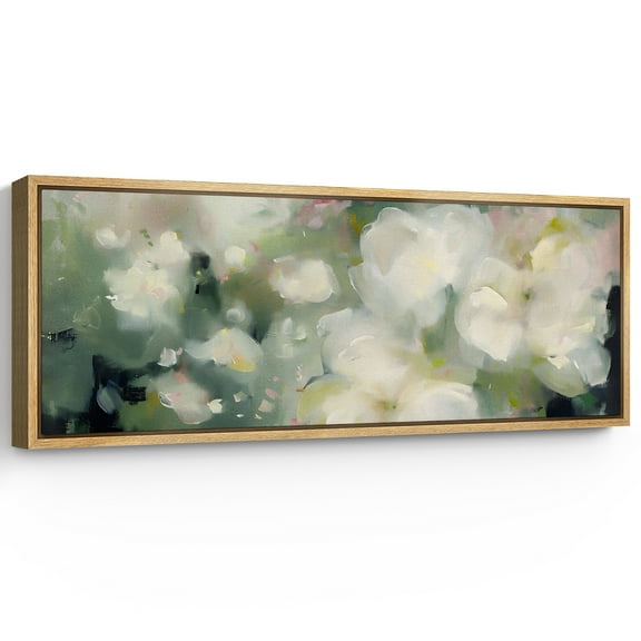 Large Framed Canvas Print Impressionist White Blossoms - Soft Floral AbstractWall Art Decorative Ready to Hang Painting for Living room Bedroom 60x20 inches Natural Frame