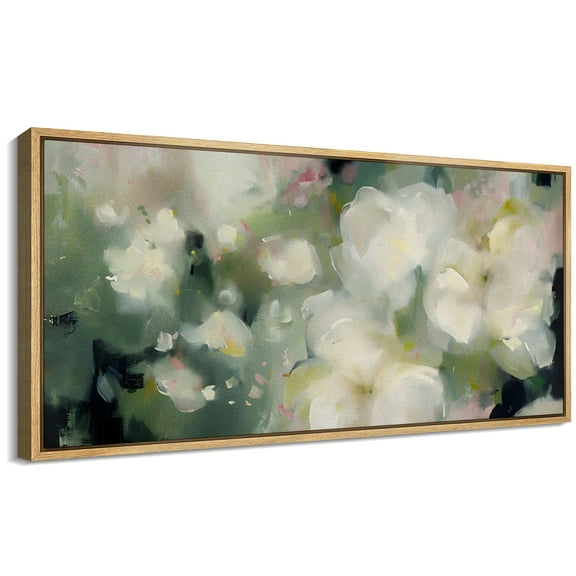 Large Framed Canvas Print Impressionist White Blossoms - Soft Floral AbstractWall Art Decorative Ready to Hang Painting for Living room Bedroom 60x30 inches Natural Frame