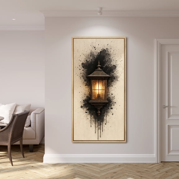 Large Framed Canvas Print Japanese Lantern Ink Style Wall Art Zen Decorative for Living room Bedroom - 60"x30" Natural Frame
