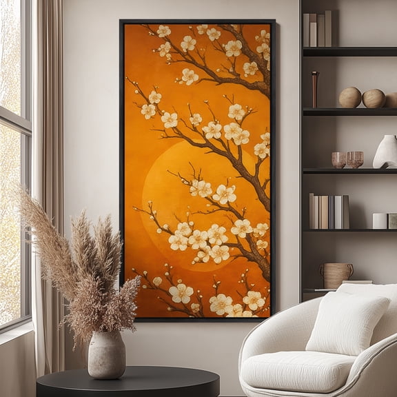 Large Framed Canvas Print Japanese Style Floral Botanical Wall Art Japandi Decorative for Living room Bedroom - 60"x30" Black Frame