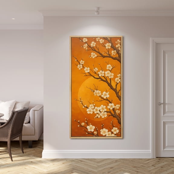 Large Framed Canvas Print Japanese Style Floral Botanical Wall Art Japandi Decorative for Living room Bedroom - 60"x30" Natural Frame