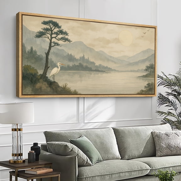 Large Framed Canvas Print Japanese Style Landscape Wall Art Japandi Decorative for Living room Bedroom - 60"x30" Natural Frame