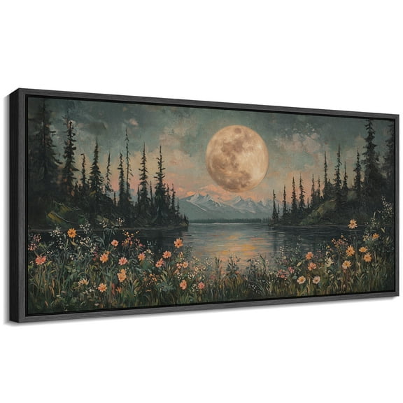 Large Framed Canvas Print Luminous Full Moon Over Forest Lake - Mystical NatureWall Art Decorative Ready to Hang Painting for Living room Bedroom 60x30 inches Black Frame