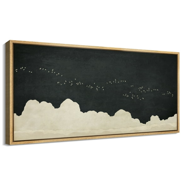 Large Framed Canvas Print Minimalist Dark Night Sky with Flying BirdsWall Art Decorative Ready to Hang Painting for Living room Bedroom 60x30 inches Natural Frame