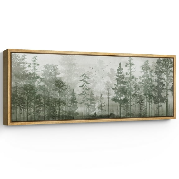 Large Framed Canvas Print Minimalist Green Pine Tree Landscape with FogWall Art Decorative Ready to Hang Painting for Living room Bedroom 60x20 inches Natural Frame