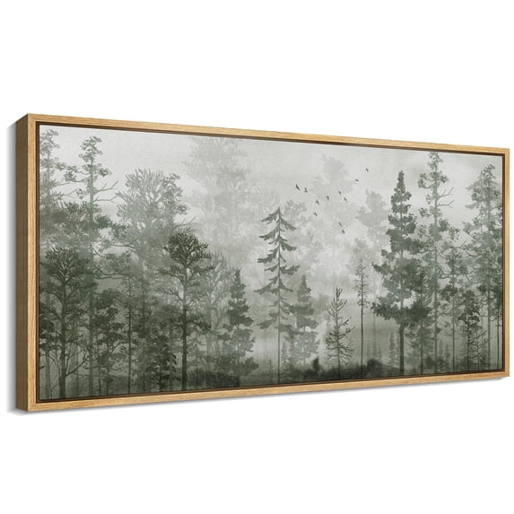 Large Framed Canvas Print Minimalist Green Pine Tree Landscape with FogWall Art Decorative Ready to Hang Painting for Living room Bedroom 60x30 inches Natural Frame