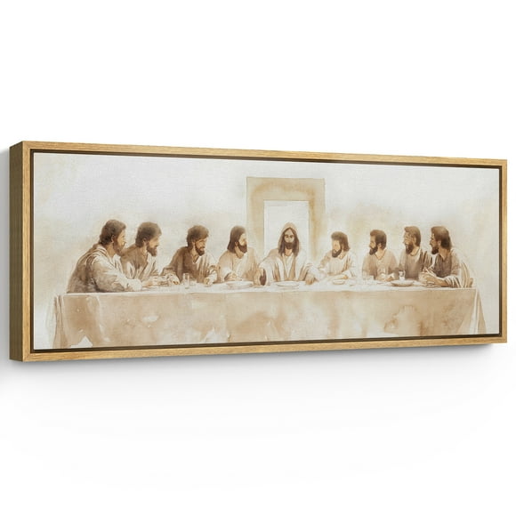 Large Framed Canvas Print Minimalist The Last Supper - Sepia-Toned ChristianWall Art Decorative Ready to Hang Painting for Living room Bedroom 60x20 inches Natural Frame