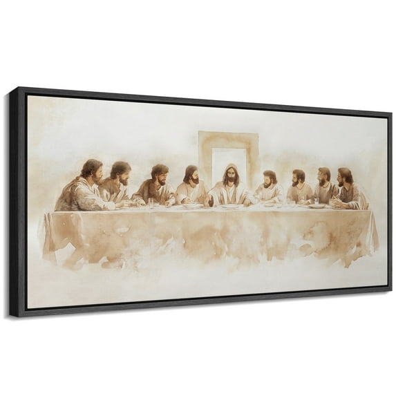 Large Framed Canvas Print Minimalist The Last Supper - Sepia-Toned ChristianWall Art Decorative Ready to Hang Painting for Living room Bedroom 60x30 inches Black Frame