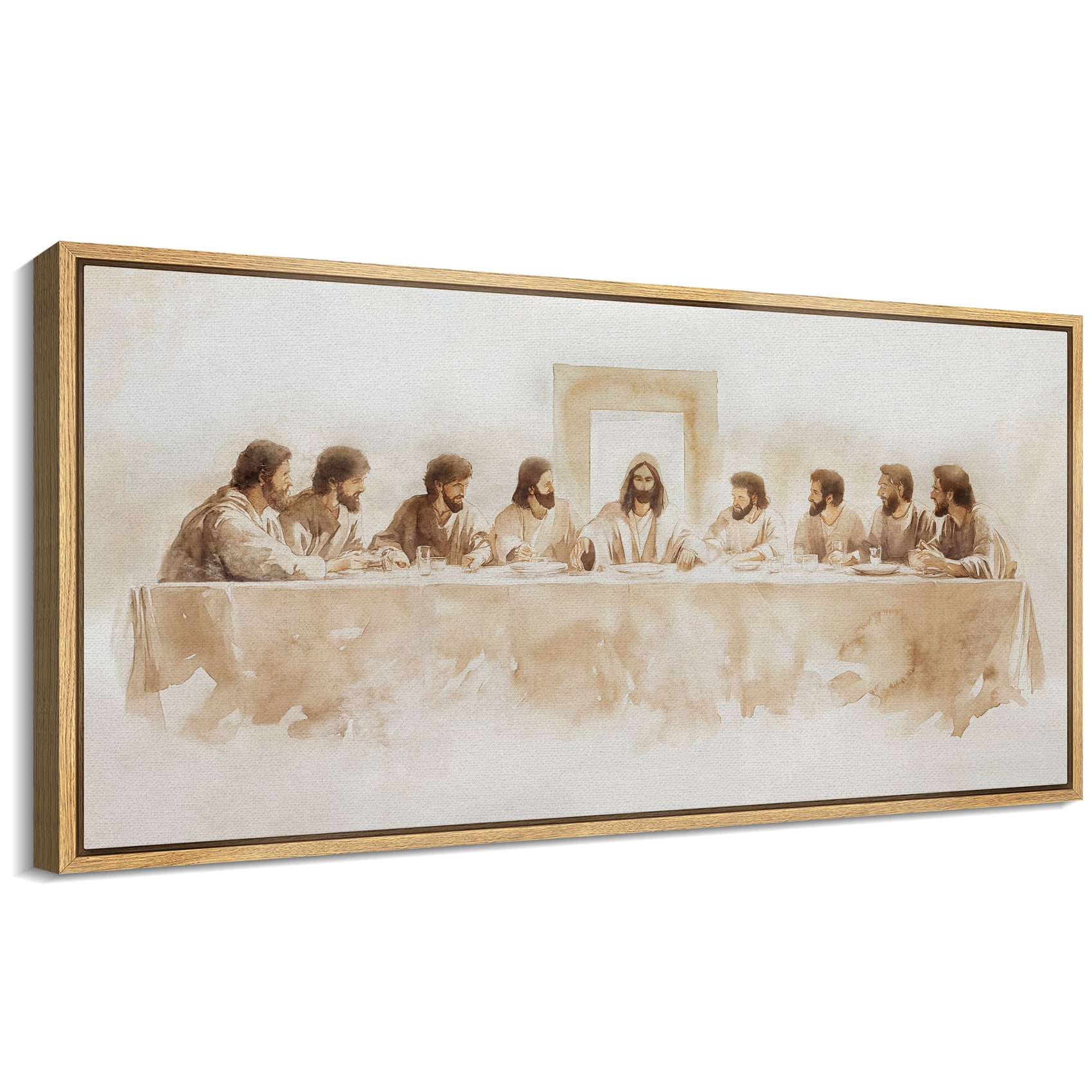 Large Framed Canvas Print Minimalist The Last Supper - Sepia-Toned ChristianWall Art Decorative Ready to Hang Painting for Living room Bedroom 60x30 inches Natural Frame