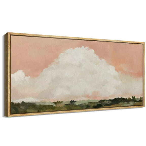 Large Framed Canvas Print Minimalist Mountain MeadowWall Art Decorative Ready to Hang Painting for Living room Bedroom 60x30 inches Natural Frame