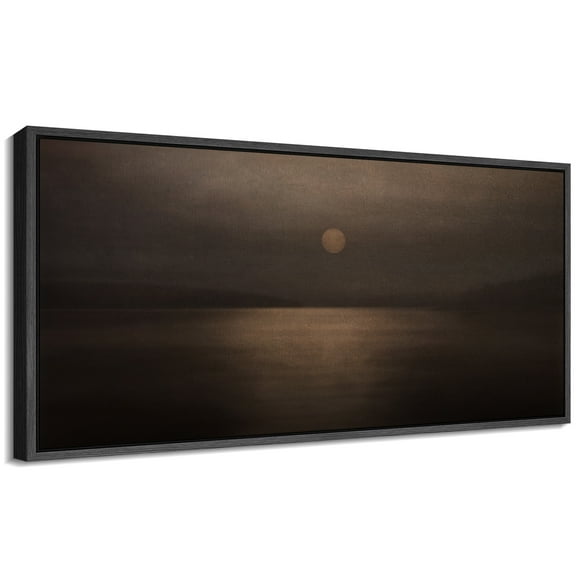 Large Framed Canvas Print Minimalist Nocturnal Landscape - Serene Dark Moonlit WaterWall Art Decorative Ready to Hang Painting for Living room Bedroom 60x30 inches Black Frame