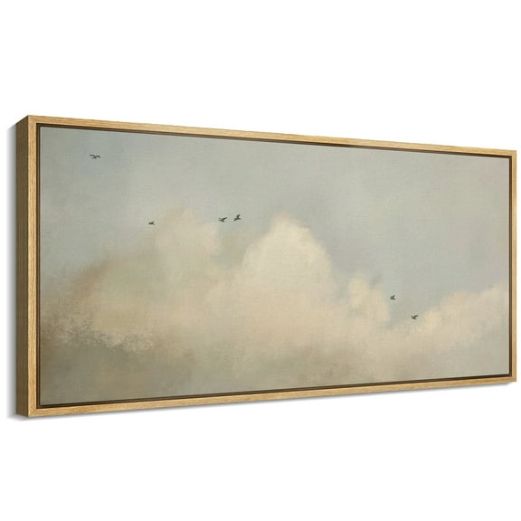 Large Framed Canvas Print Minimalist Sky and Flying BirdsWall Art Decorative Ready to Hang Painting for Living room Bedroom 60x30 inches Natural Frame