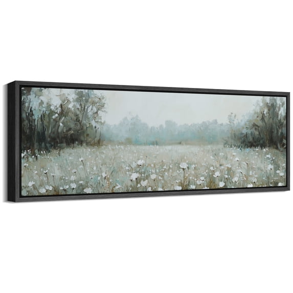 Large Framed Canvas Print Misty Wildflower Meadow Wall Art Decorative Ready to Hang Painting for Living room Bedroom - 60"x20" Black Frame