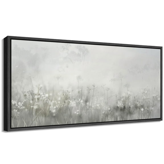 Large Framed Canvas Print Misty Wildflowers in Soft Neutral TonesWall Art Decorative Ready to Hang Painting for Living room Bedroom 60x30 inches Black Frame