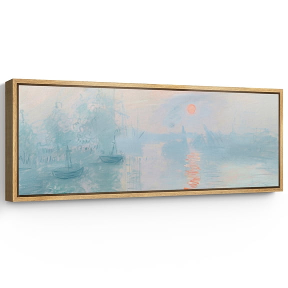 Large Framed Canvas Print Monet-Inspired Misty Harbor Sunrise ImpressionistWall Art Decorative Ready to Hang Painting for Living room Bedroom 60x20 inches Natural Frame