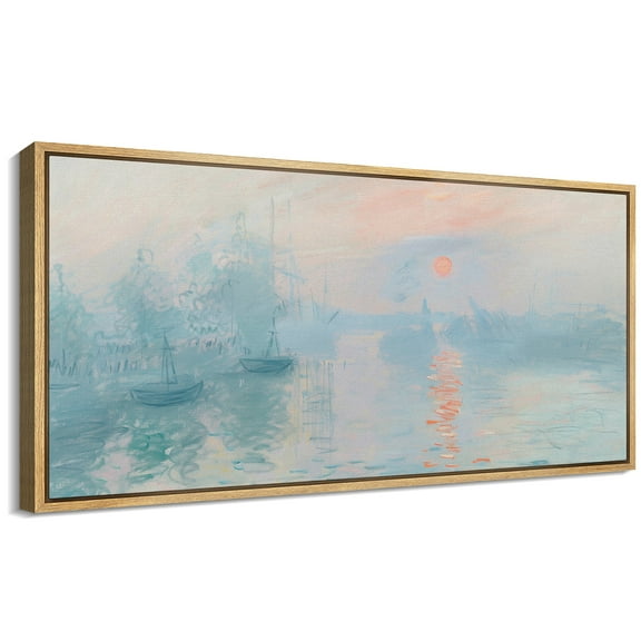Large Framed Canvas Print Monet-Inspired Misty Harbor Sunrise ImpressionistWall Art Decorative Ready to Hang Painting for Living room Bedroom 60x30 inches Natural Frame