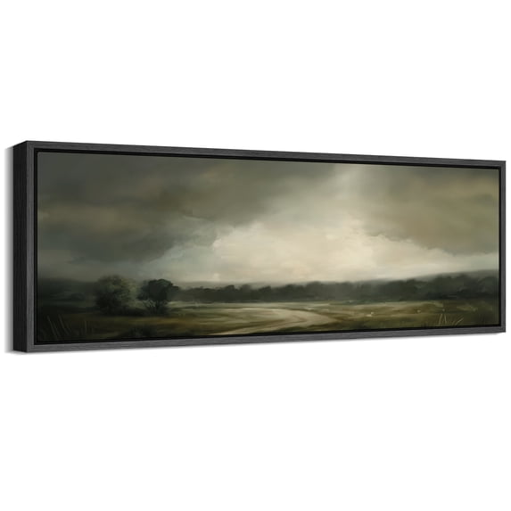 Large Framed Canvas Print Moody Countryside Storm Canvas – Dramatic Rural Landscape with Dark Clouds Wall Art Decorative Ready to Hang Painting for Living room Bedroom - 60"x20" Black Frame
