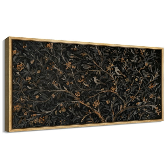 Large Framed Canvas Print Mystic Night Birds - Dark BotanicalWall Art Decorative Ready to Hang Painting for Living room Bedroom 60x30 inches Natural Frame