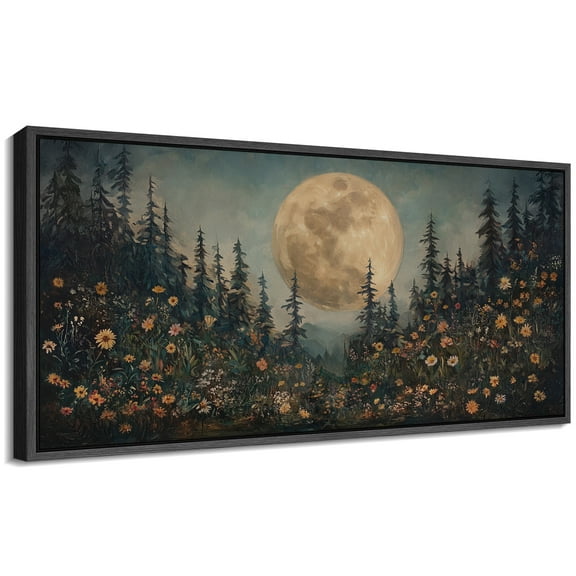 Large Framed Canvas Print Mystical Full Moon Over Wildflower Meadow - Dark BotanicalWall Art Decorative Ready to Hang Painting for Living room Bedroom 60x30 inches Black Frame