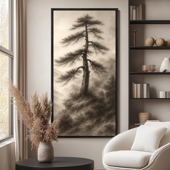Large Framed Canvas Print Pine Tree Wall Art Rustic Farmhouse Decorative for Living room Bedroom - 60"x30" Black Frame
