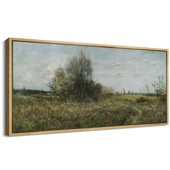 Large Framed Canvas Print Scenic Countryside View with Wildflowers and TreesWall Art Decorative Ready to Hang Painting for Living room Bedroom 60x30 inches Natural Frame
