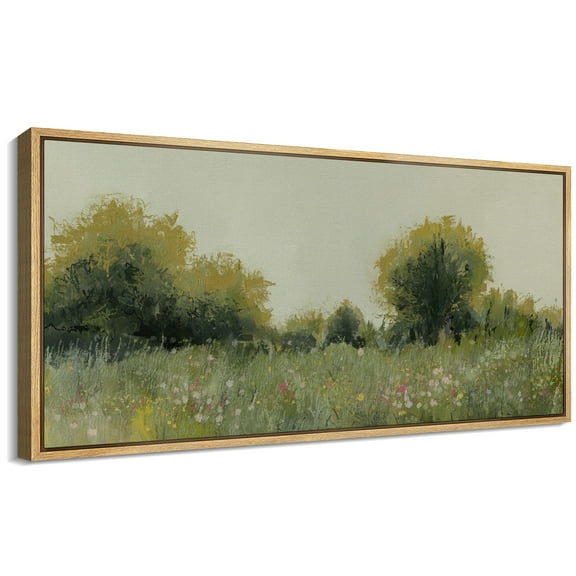 Large Framed Canvas Print Serene Countryside Meadow with Wildflowers LandscapeWall Art Decorative Ready to Hang Painting for Living room Bedroom 60x30 inches Natural Frame